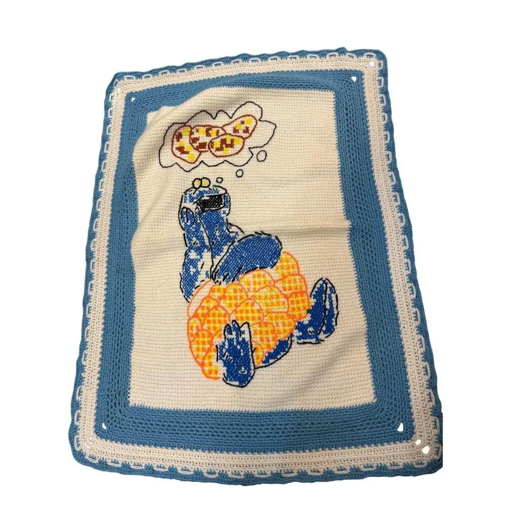 ✨ Vintage Sesame Street Cookie Monster Inspired Crochet Baby Blanket Blue Afghan